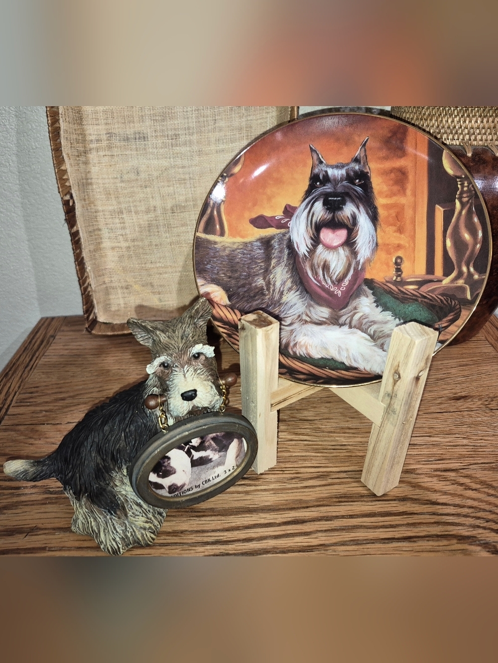 Danbury Mint Fireside Miniature Schnauzer Plate & Schnauzer W/ Picture Frame